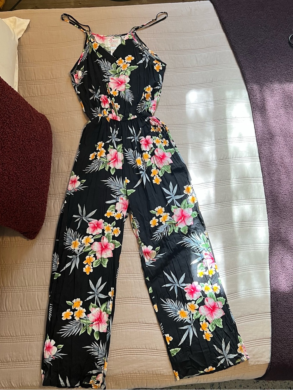 Black Floral Wide-Leg Strappy Jumpsuit Travel Beach Vacation Resort Hawaii